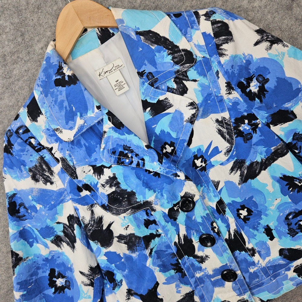 Kim Rogers‎ Women's Blue Blazer Size 10P Cotton Abstract Print 3/4 Sleeve Jacket